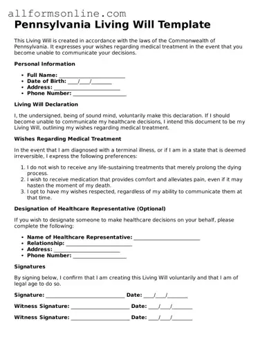 Attorney-Approved  Living Will Form for Pennsylvania