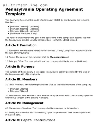 Attorney-Approved  Operating Agreement Form for Pennsylvania