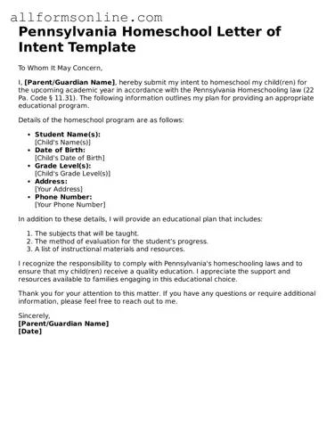Attorney-Approved  Homeschool Letter of Intent Form for Pennsylvania