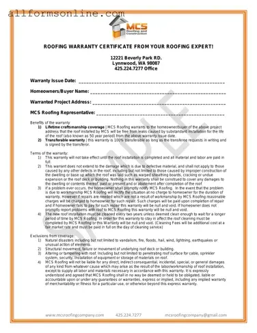 Free Roofing Warranty Certificate PDF Form