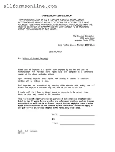 Free Sample Roof Certification PDF Form