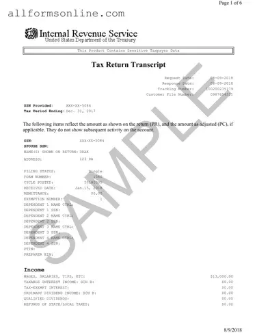 Free Sample Tax Return Transcript PDF Form
