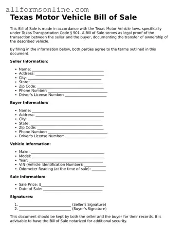 Attorney-Approved  Motor Vehicle Bill of Sale Form for Texas