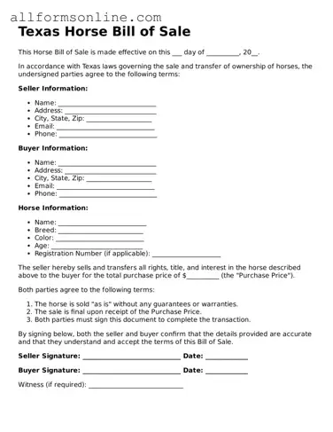 Attorney-Approved  Horse Bill of Sale Form for Texas