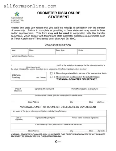 Free Texas Odometer Statement PDF Form