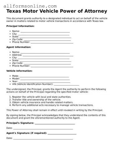 Attorney-Approved Motor Vehicle Power of Attorney Form for Texas