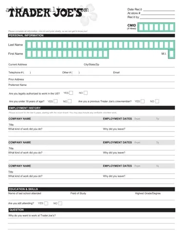 Free Trader Joe's application PDF Form