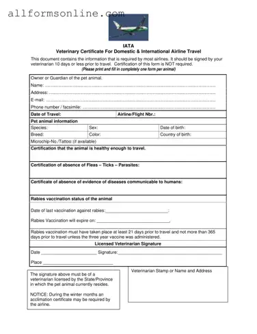 Free Veterinary Certificate Travel PDF Form