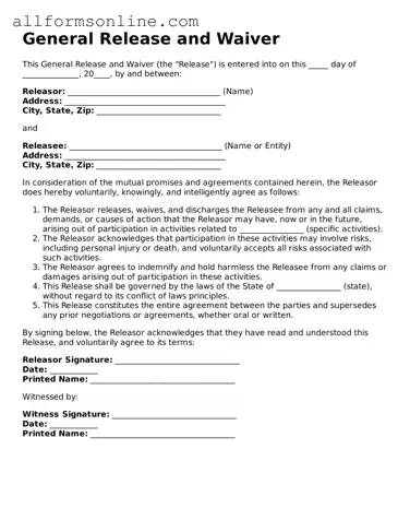 Blank General Release and Waiver Form