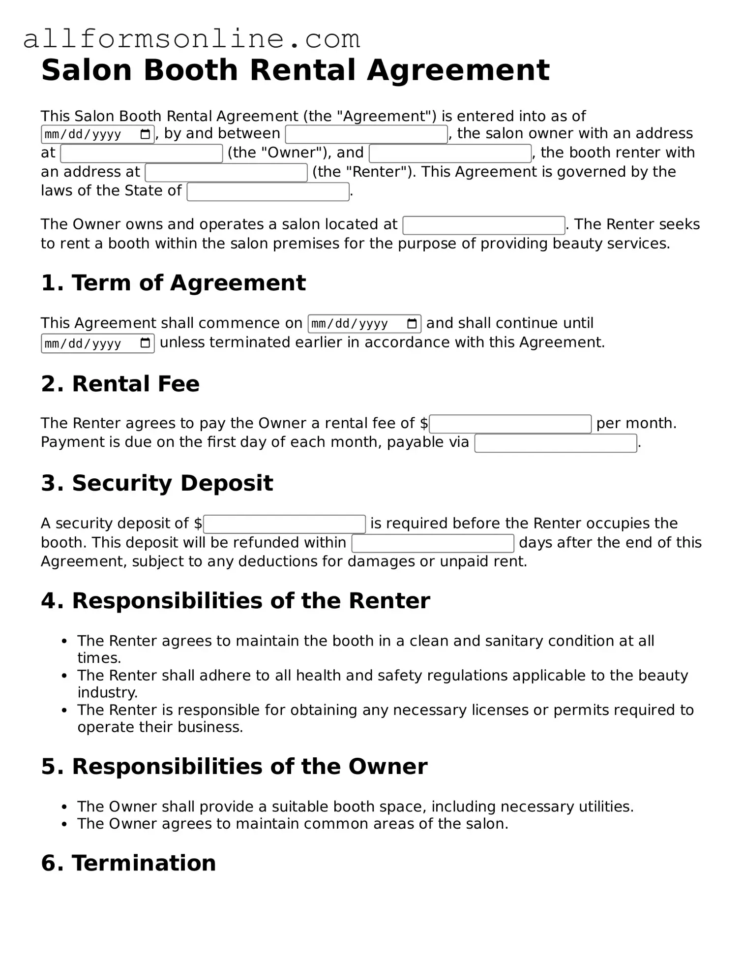 Blank Salon Booth Rental Agreement Form