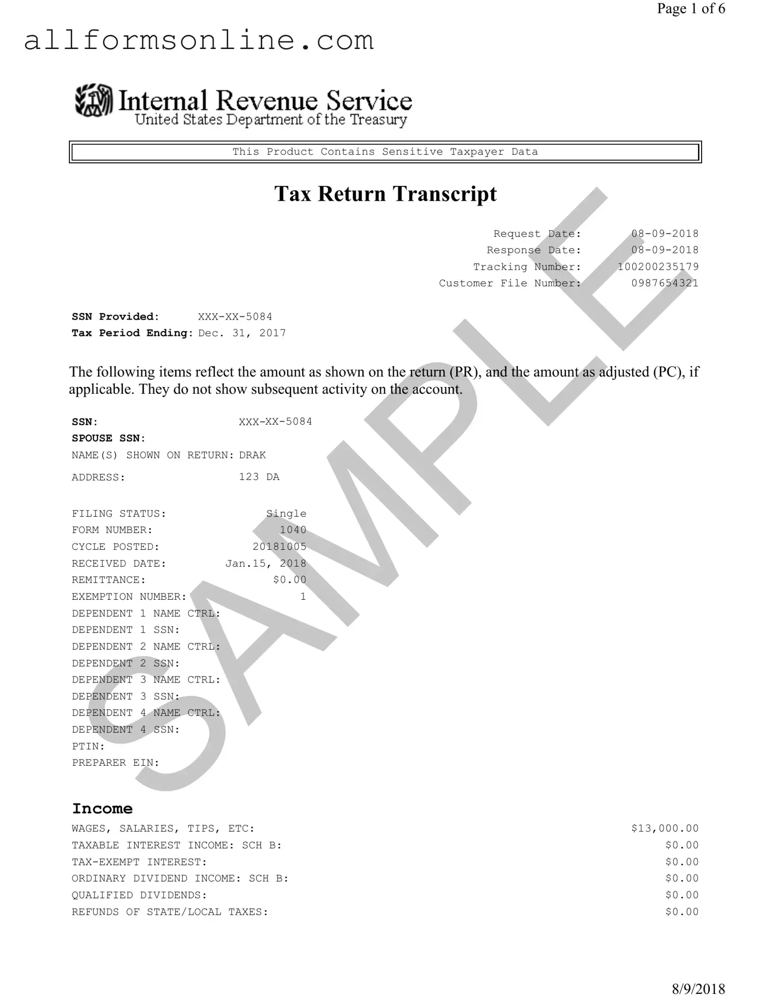Free Sample Tax Return Transcript PDF Form