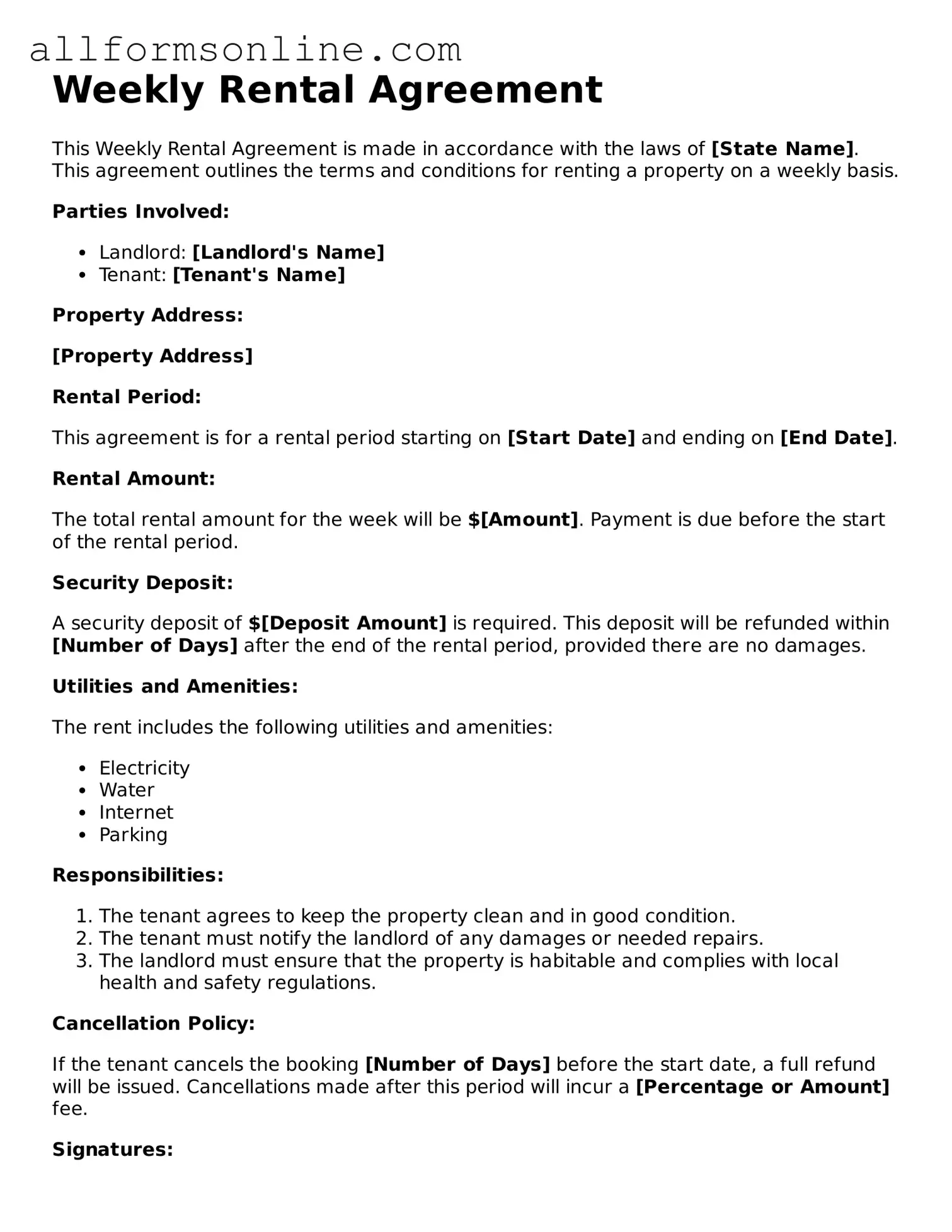 Blank Weekly Rental Agreement Form