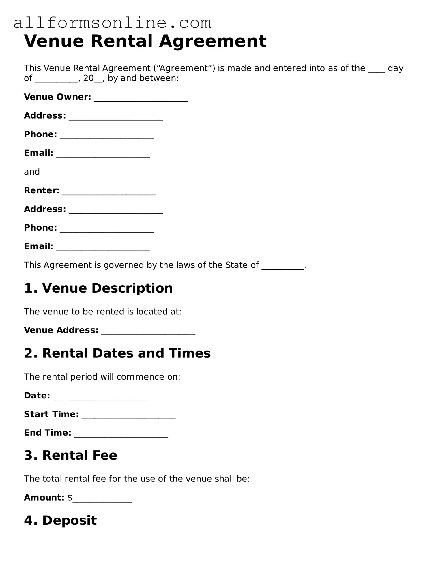 Blank Venue Rental Agreement Form