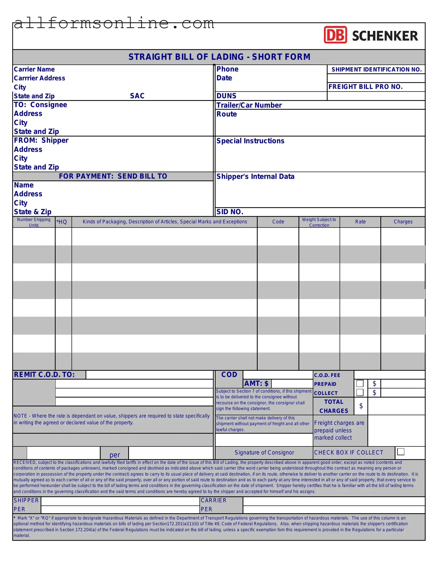 Free Straight Bill Of Lading PDF Form
