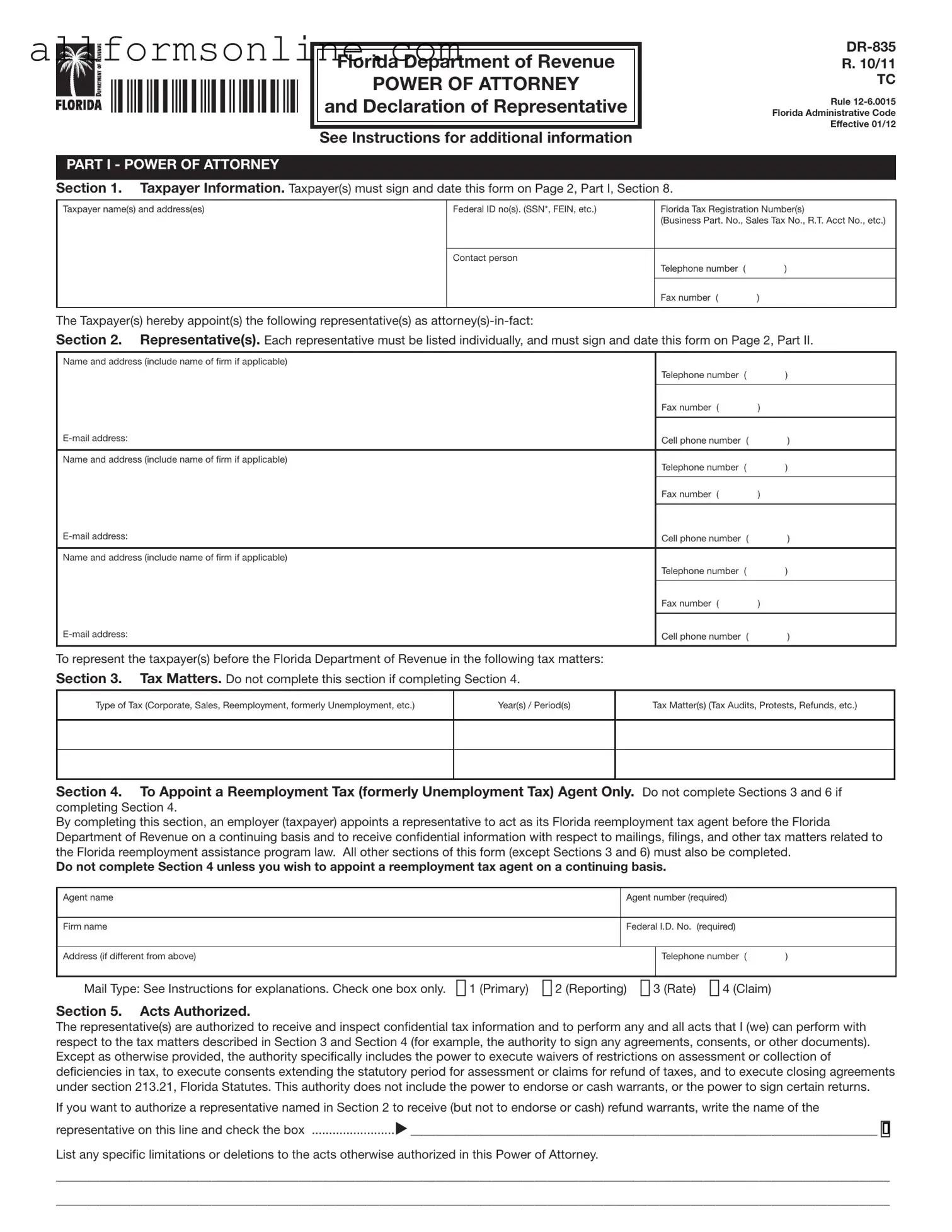 Free Tax POA dr 835 PDF Form