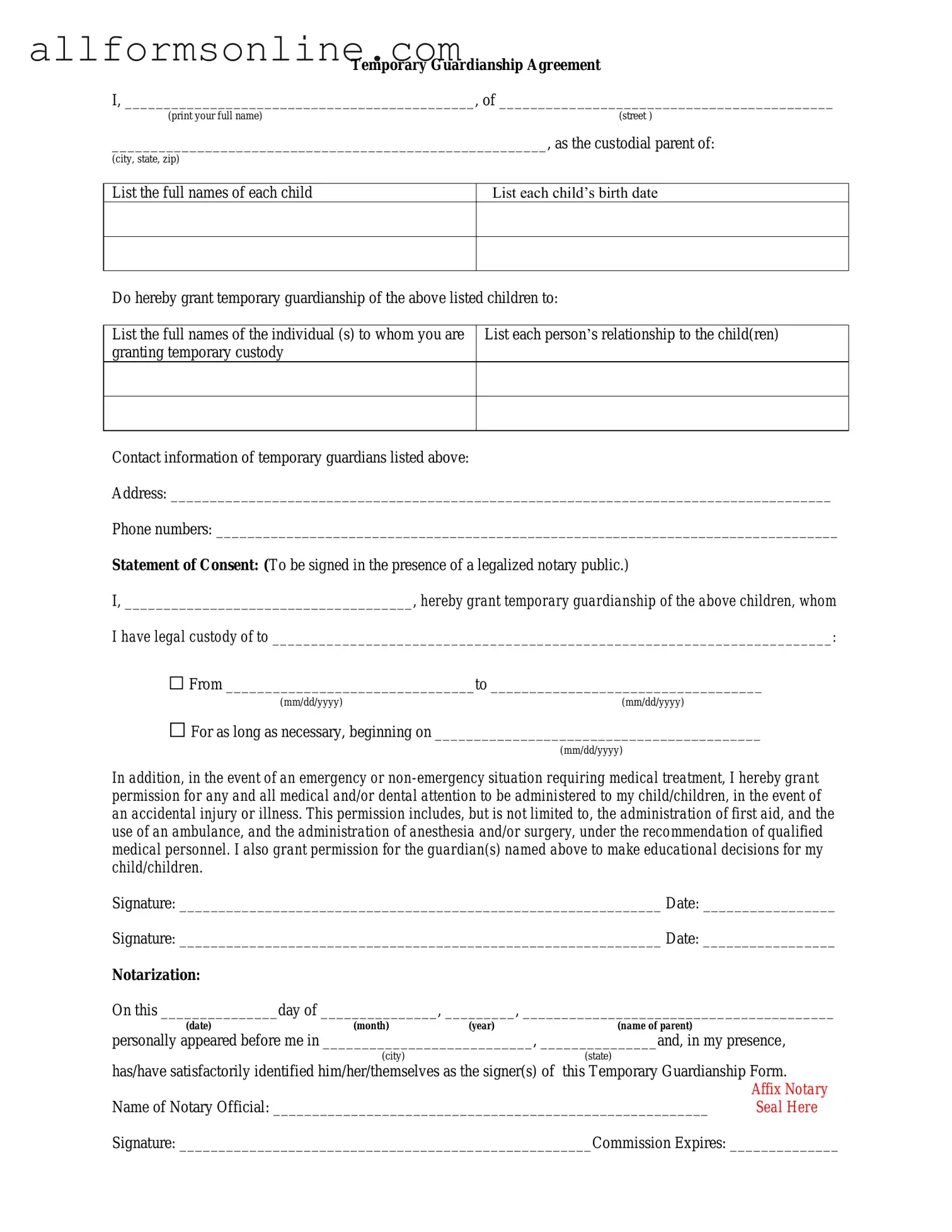 Free Temporary Custody PDF Form