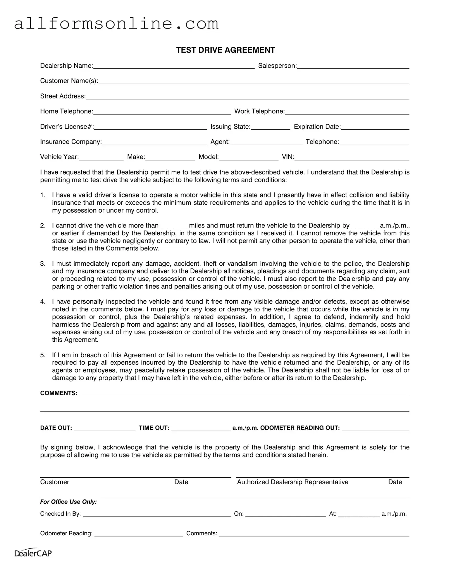 Free Test Drive PDF Form