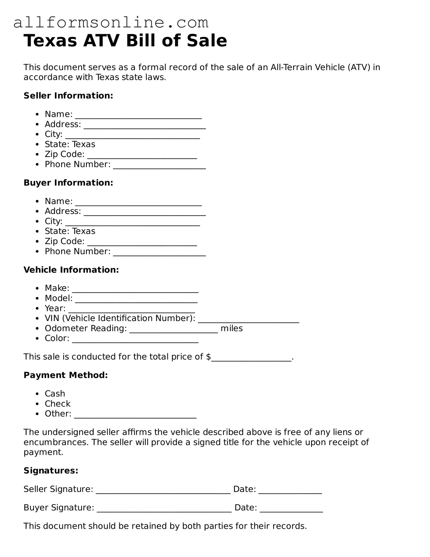 Attorney-Approved  ATV Bill of Sale Form for Texas
