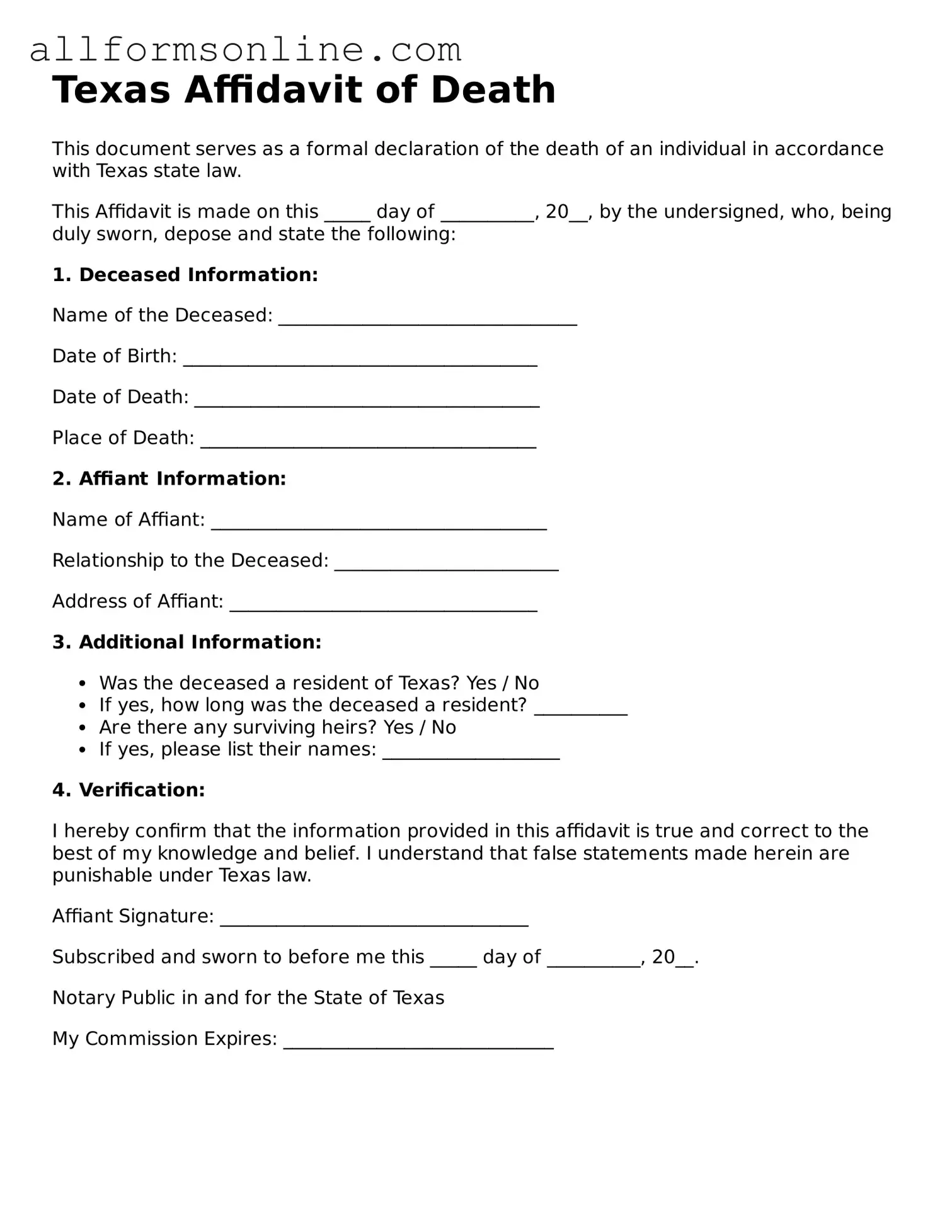 Attorney-Approved  Affidavit of Death Form for Texas