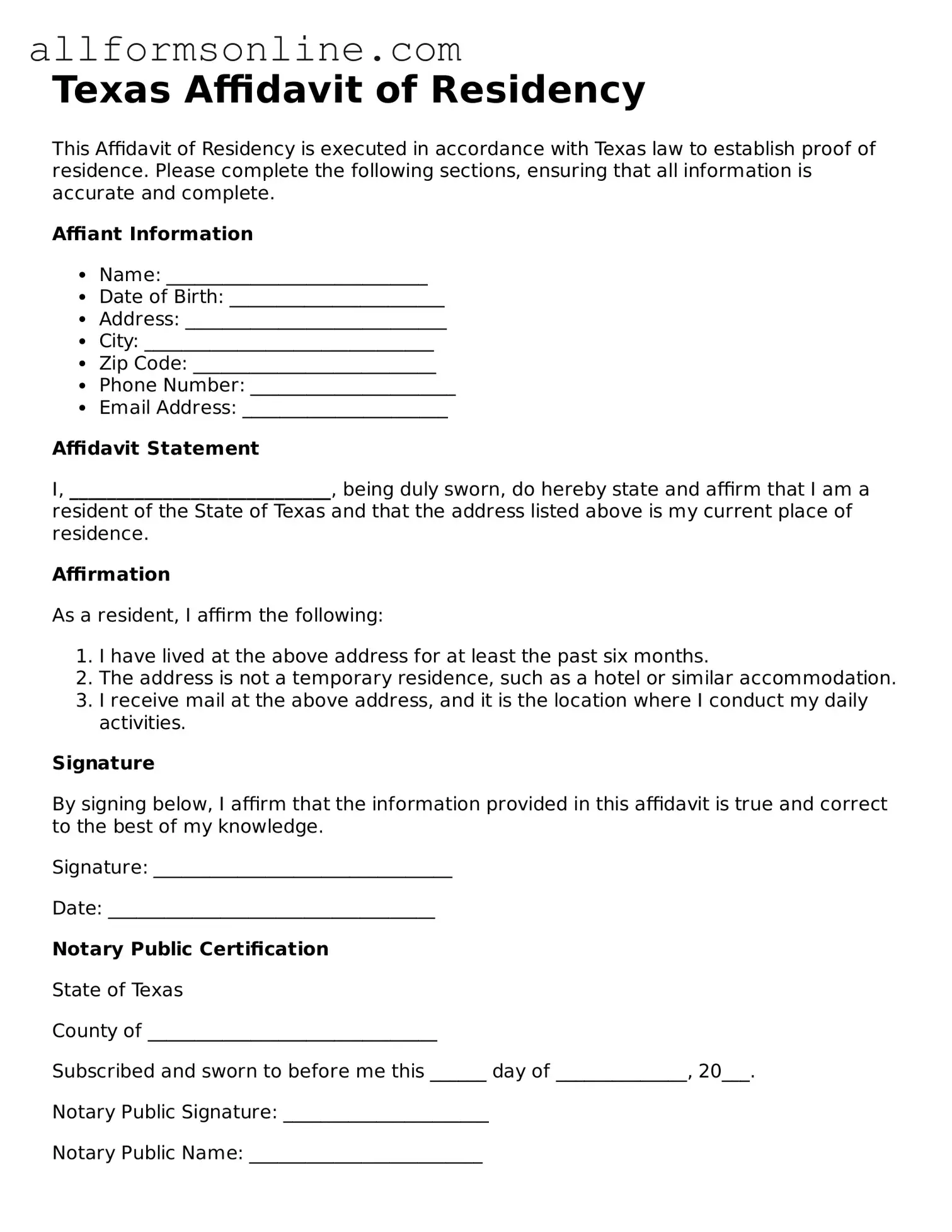 Attorney-Approved  Affidavit of Residency Form for Texas