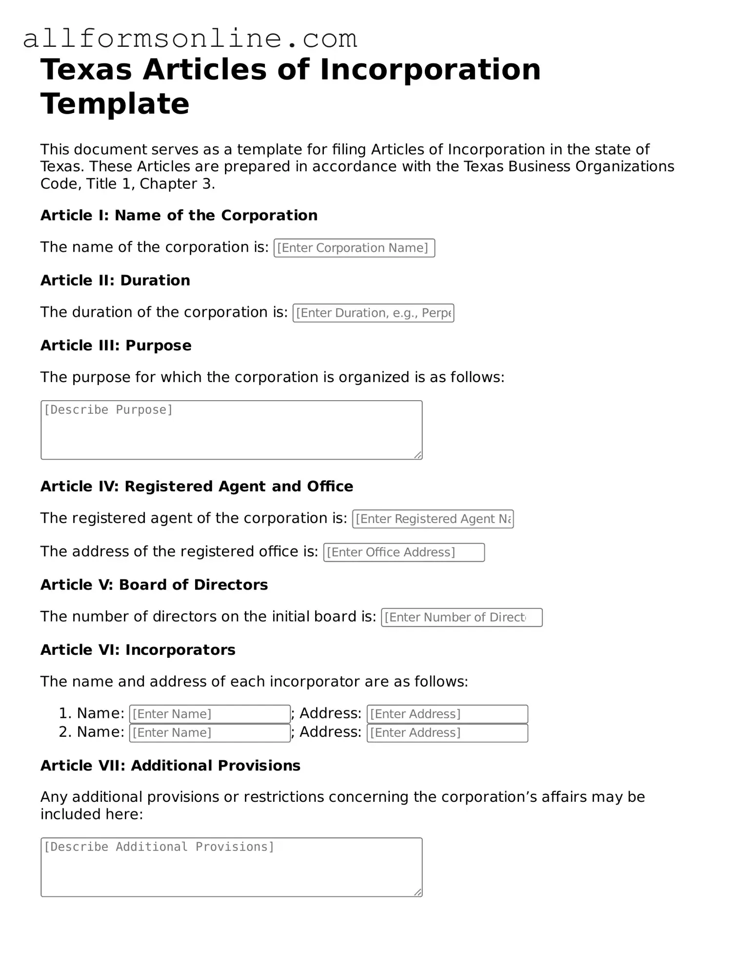 Attorney-Approved  Articles of Incorporation Form for Texas