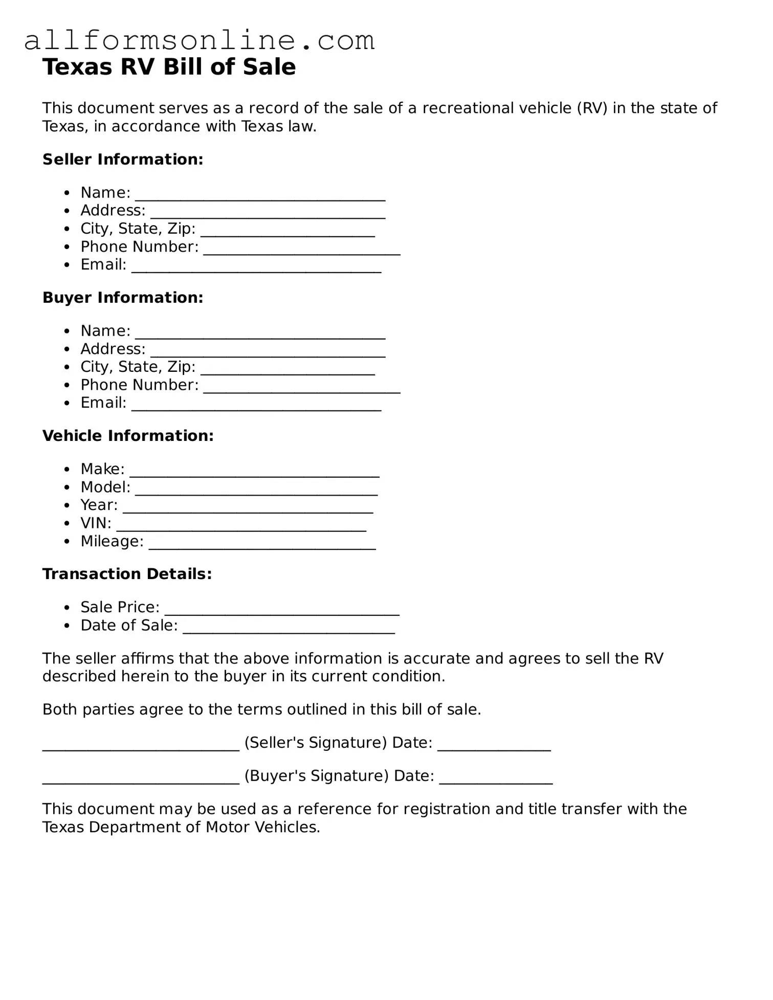 Attorney-Approved  RV Bill of Sale Form for Texas