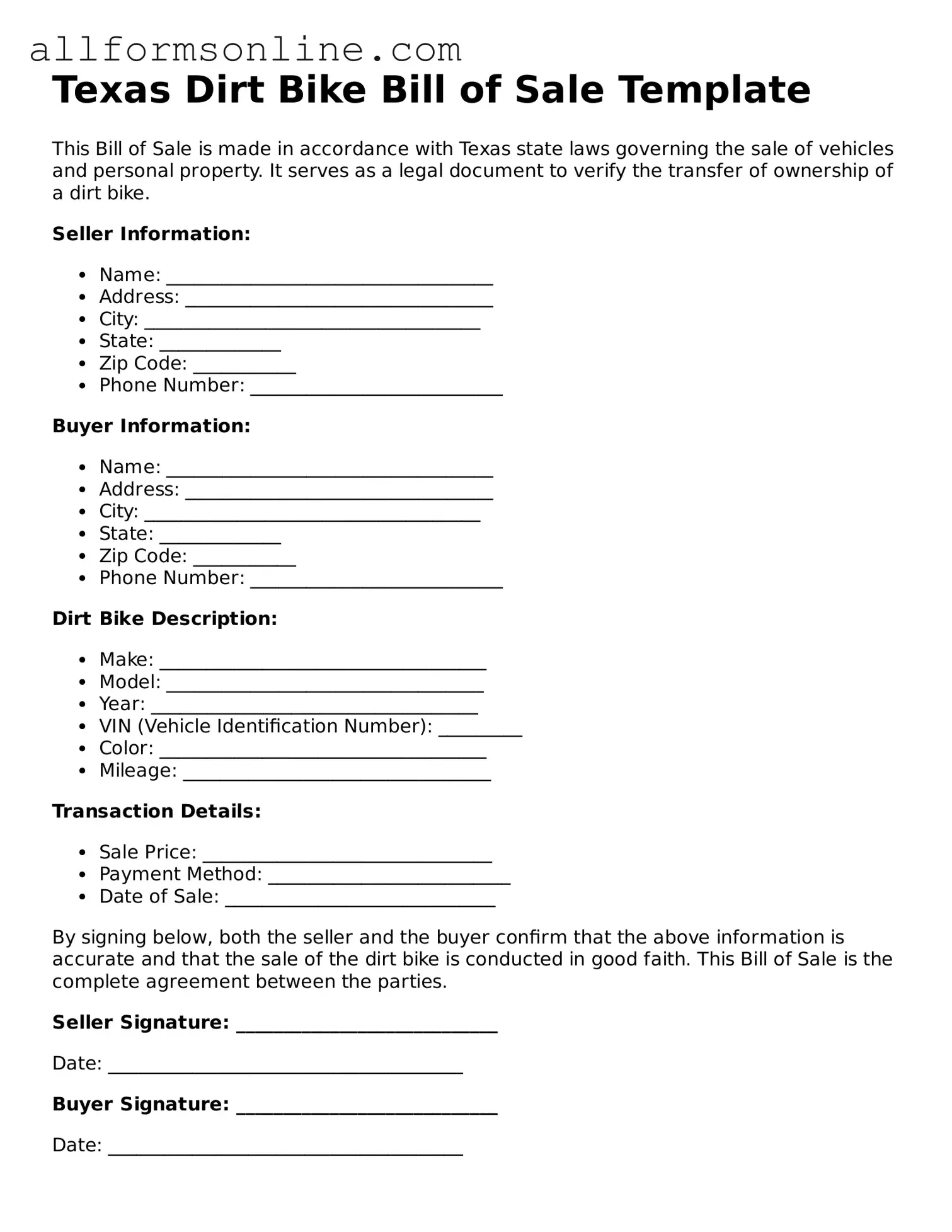 Attorney-Approved  Dirt Bike Bill of Sale Form for Texas