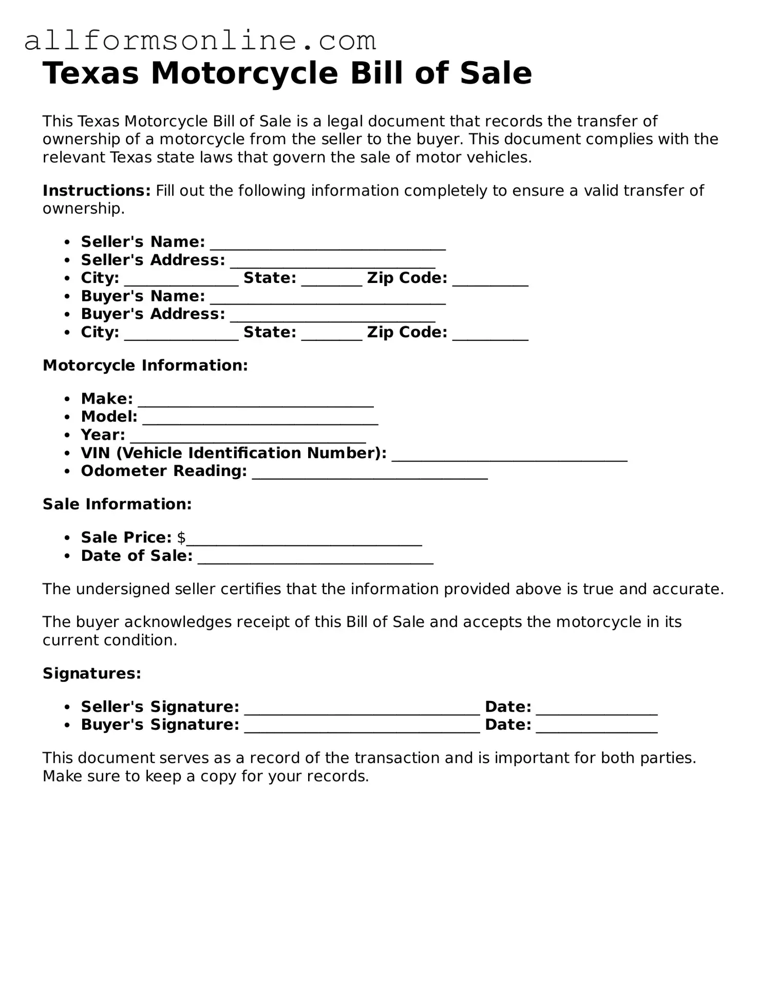 Attorney-Approved  Motorcycle Bill of Sale Form for Texas