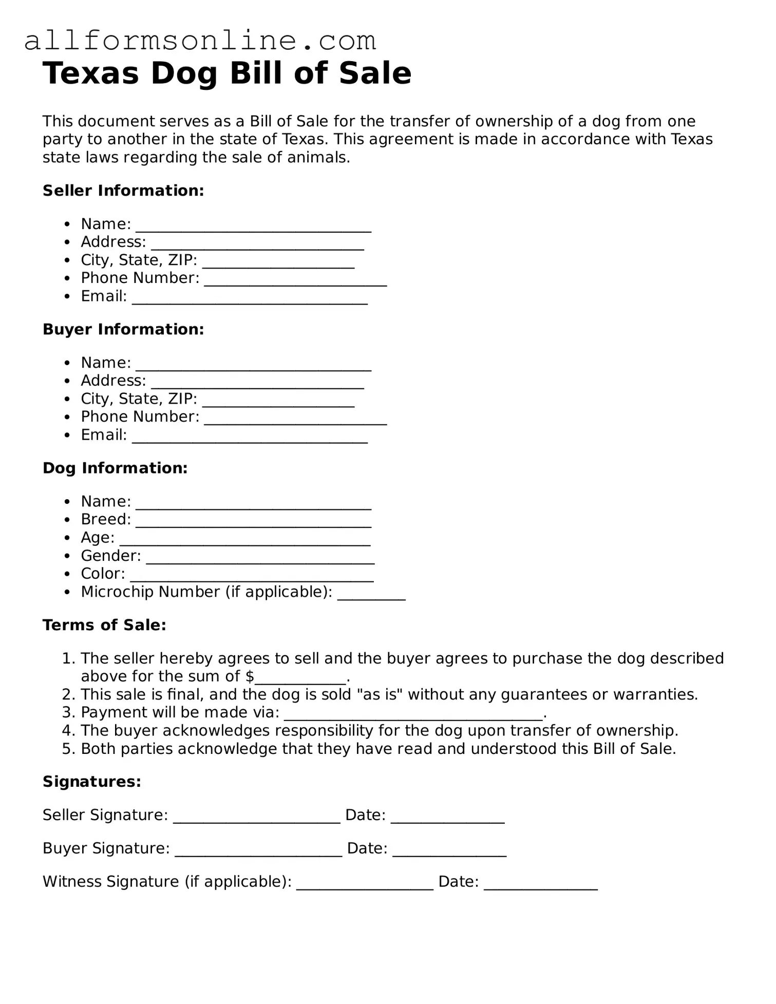 Attorney-Approved  Dog Bill of Sale Form for Texas