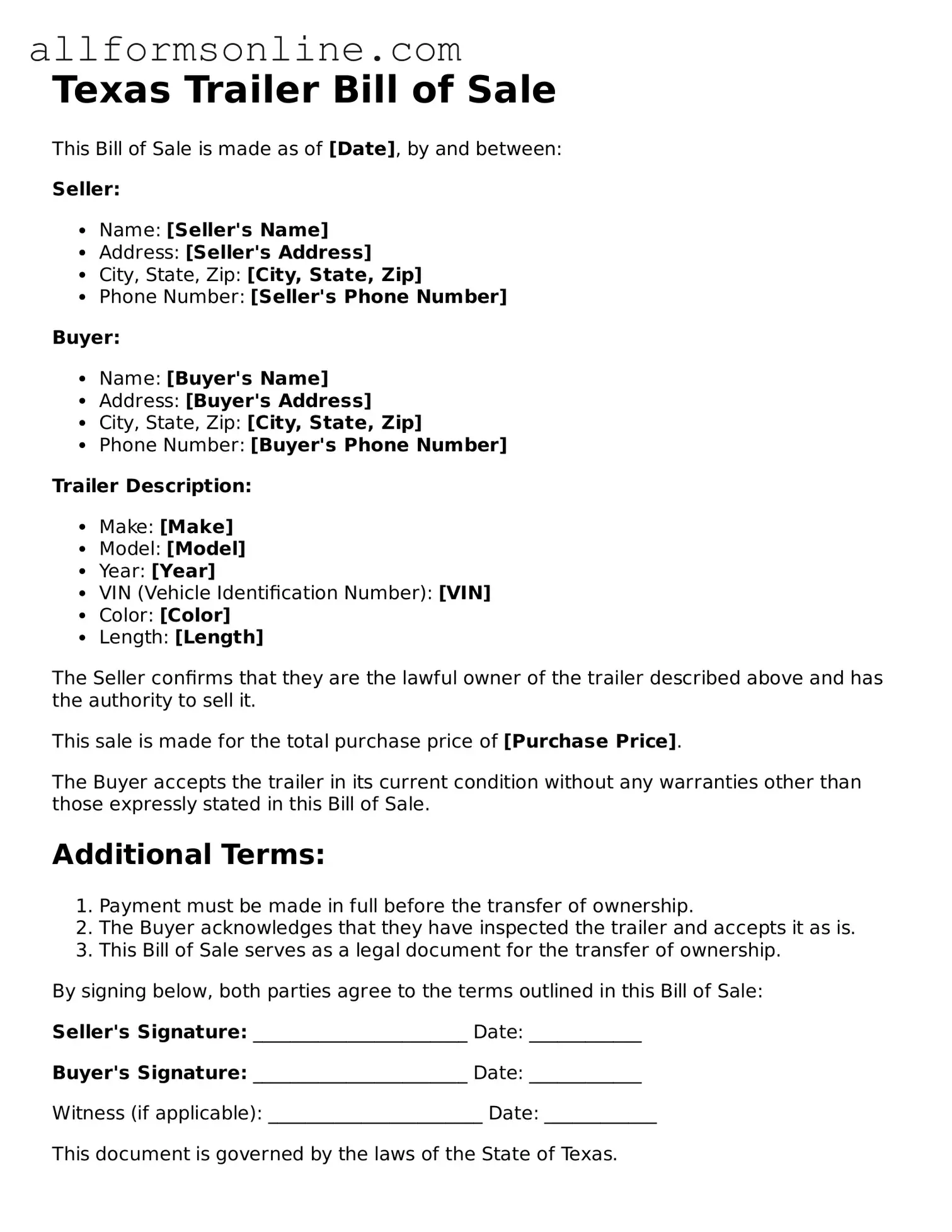 Attorney-Approved  Trailer Bill of Sale Form for Texas