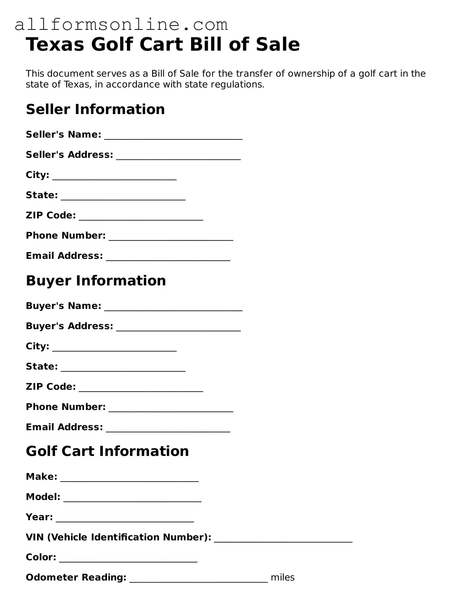 Attorney-Approved  Golf Cart Bill of Sale Form for Texas