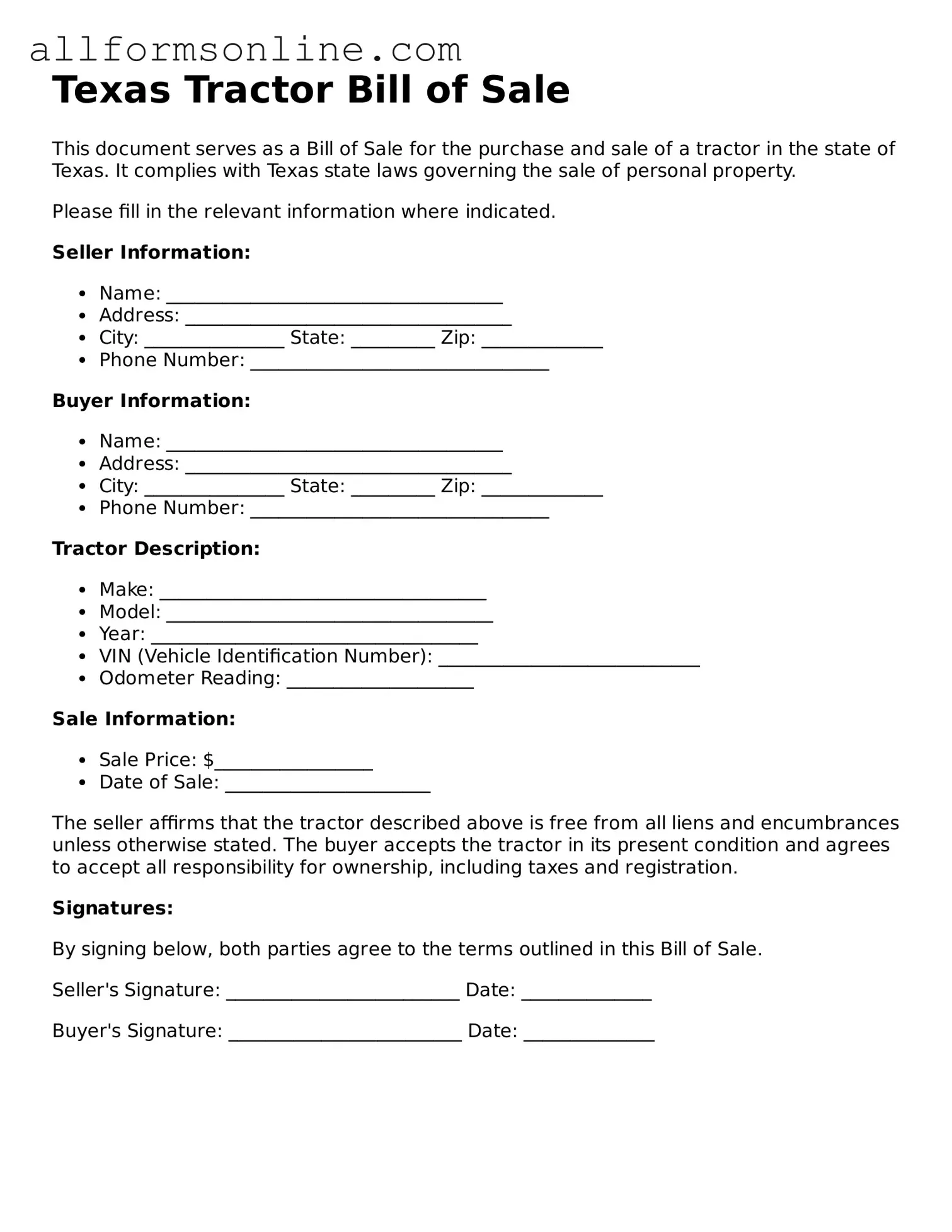 Attorney-Approved  Tractor Bill of Sale Form for Texas