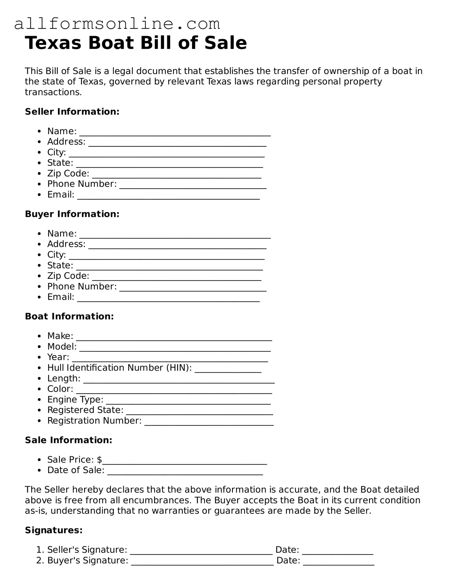 Attorney-Approved  Boat Bill of Sale Form for Texas