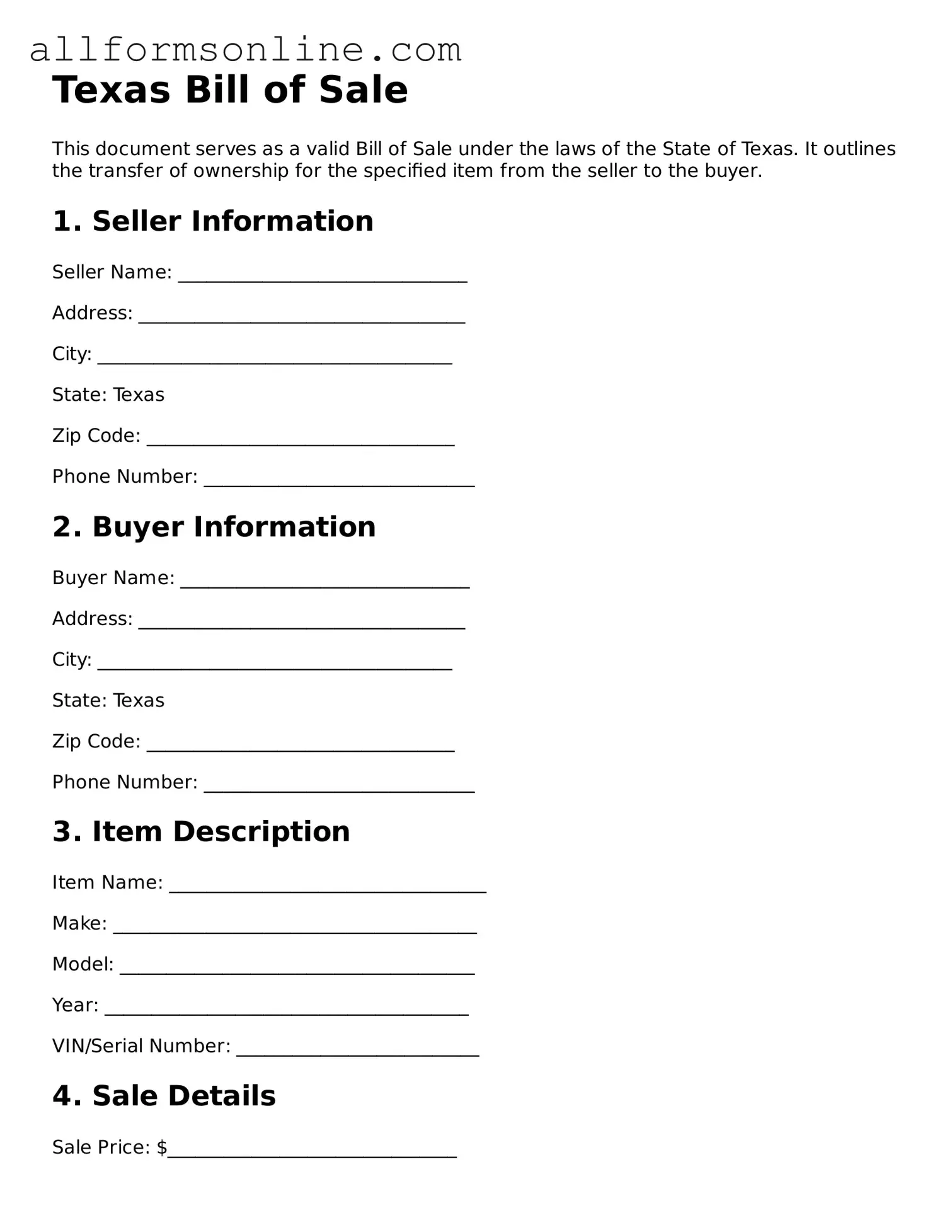 Attorney-Approved  Bill of Sale Form for Texas