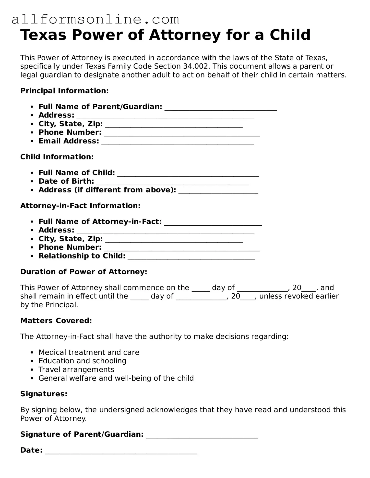 Attorney-Approved  Power of Attorney for a Child Form for Texas