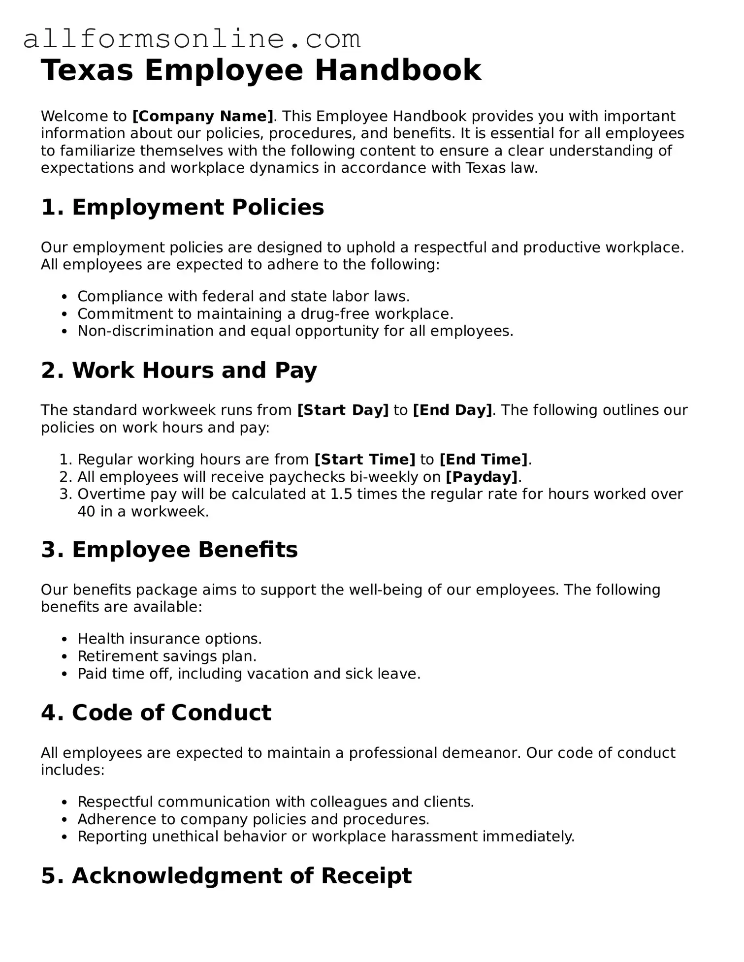 Attorney-Approved  Employee Handbook Form for Texas