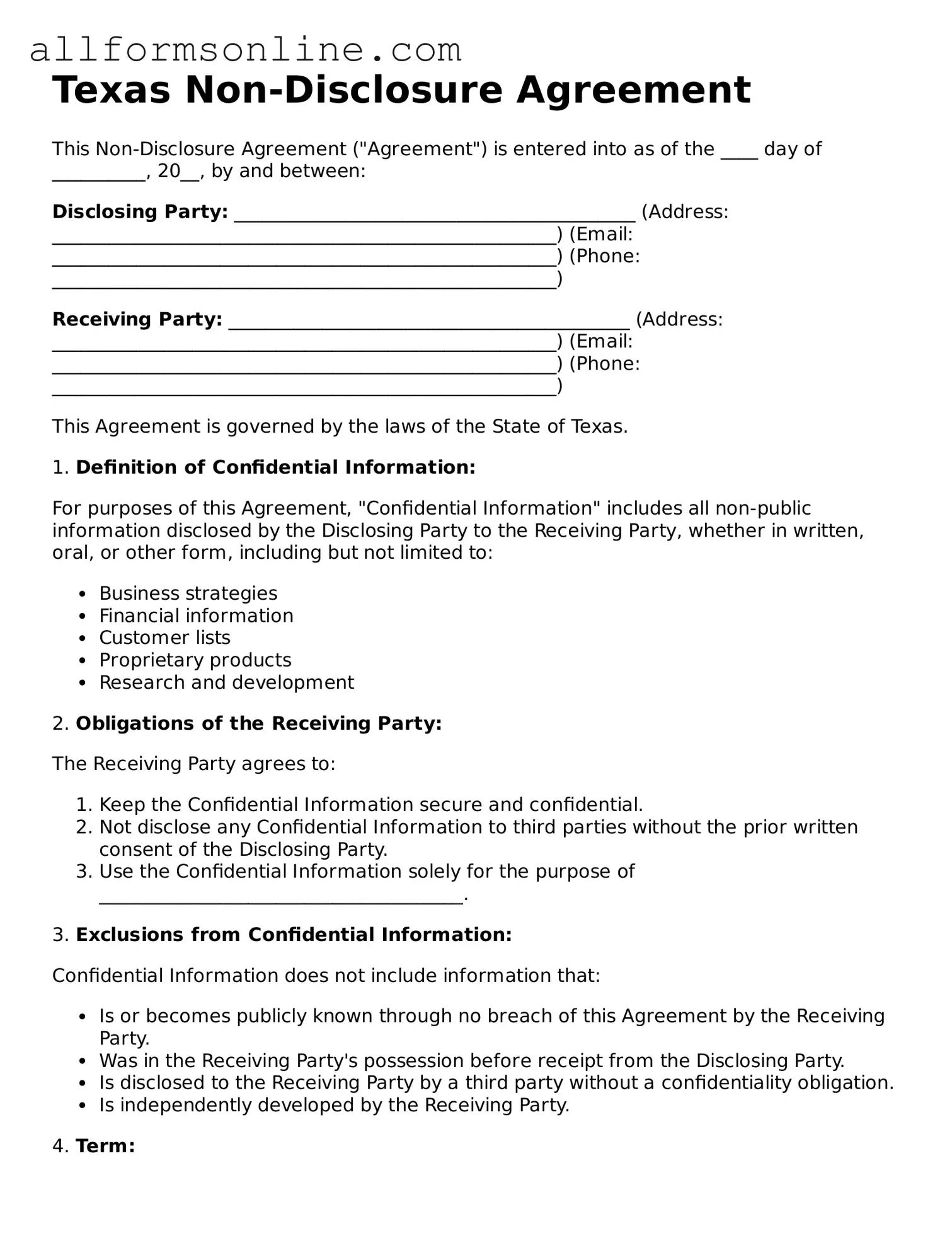 Attorney-Approved  Non-disclosure Agreement Form for Texas