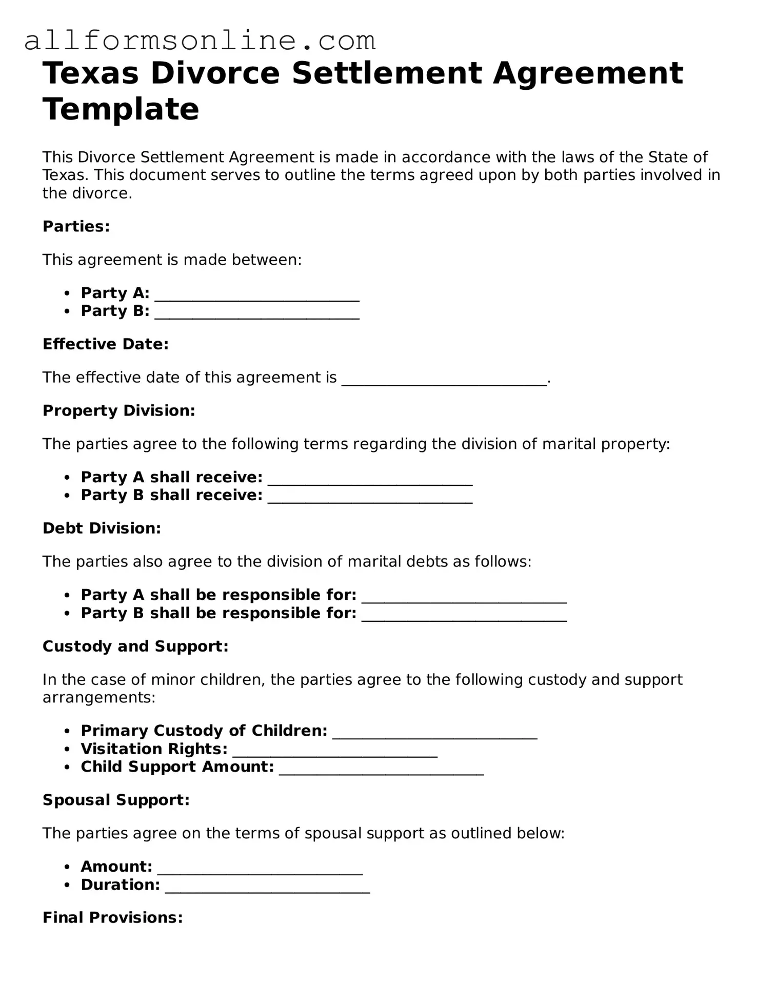 Attorney-Approved  Divorce Settlement Agreement Form for Texas