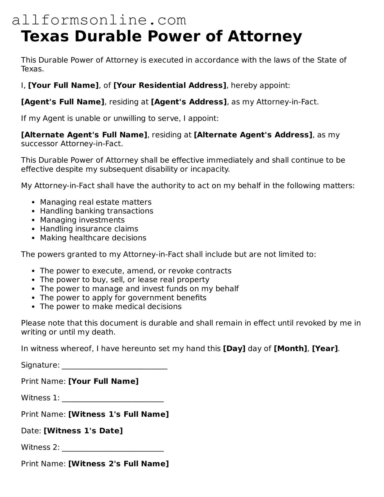 Attorney-Approved  Durable Power of Attorney Form for Texas
