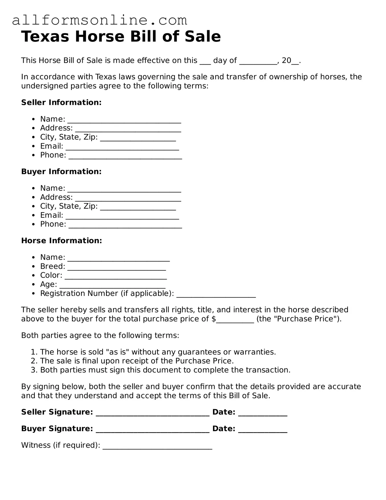 Attorney-Approved  Horse Bill of Sale Form for Texas
