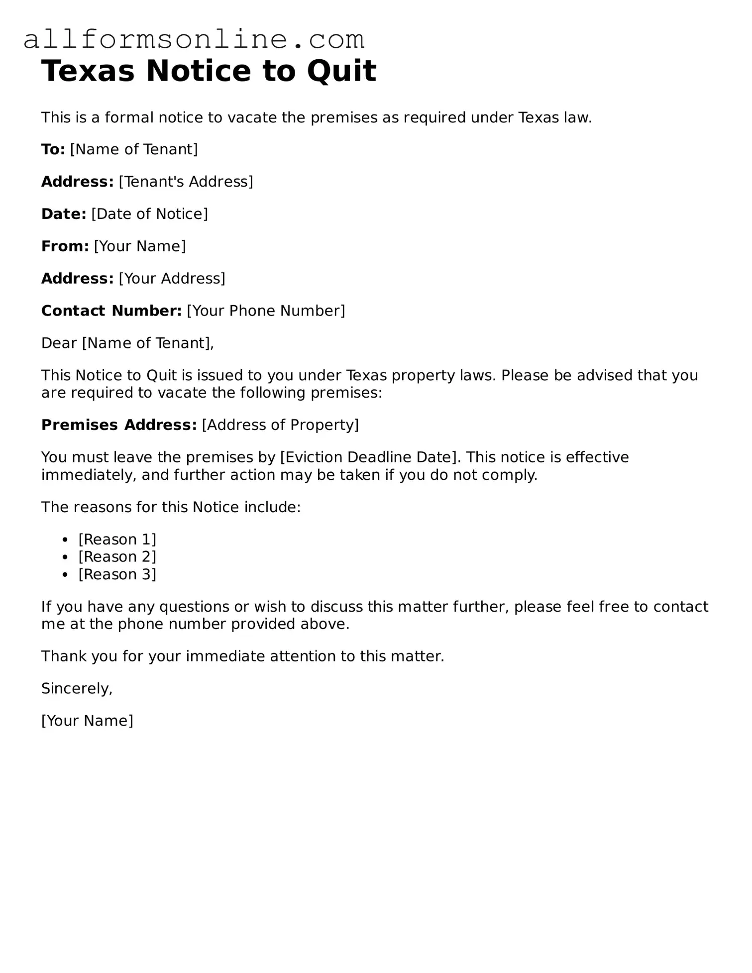 Attorney-Approved  Notice to Quit Form for Texas