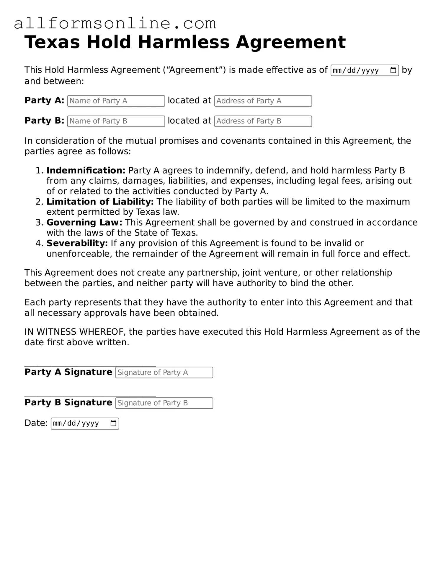 Attorney-Approved  Hold Harmless Agreement Form for Texas