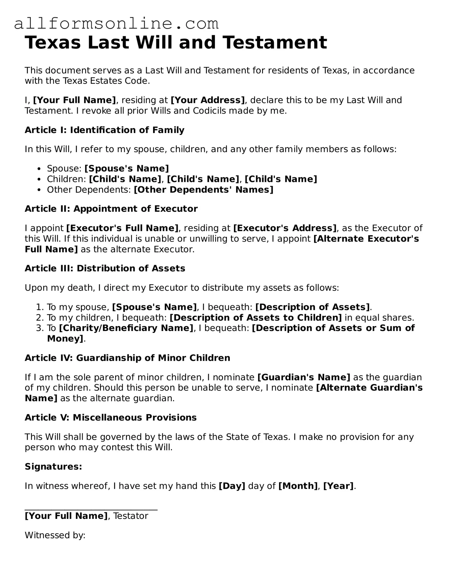 Attorney-Approved  Last Will and Testament Form for Texas