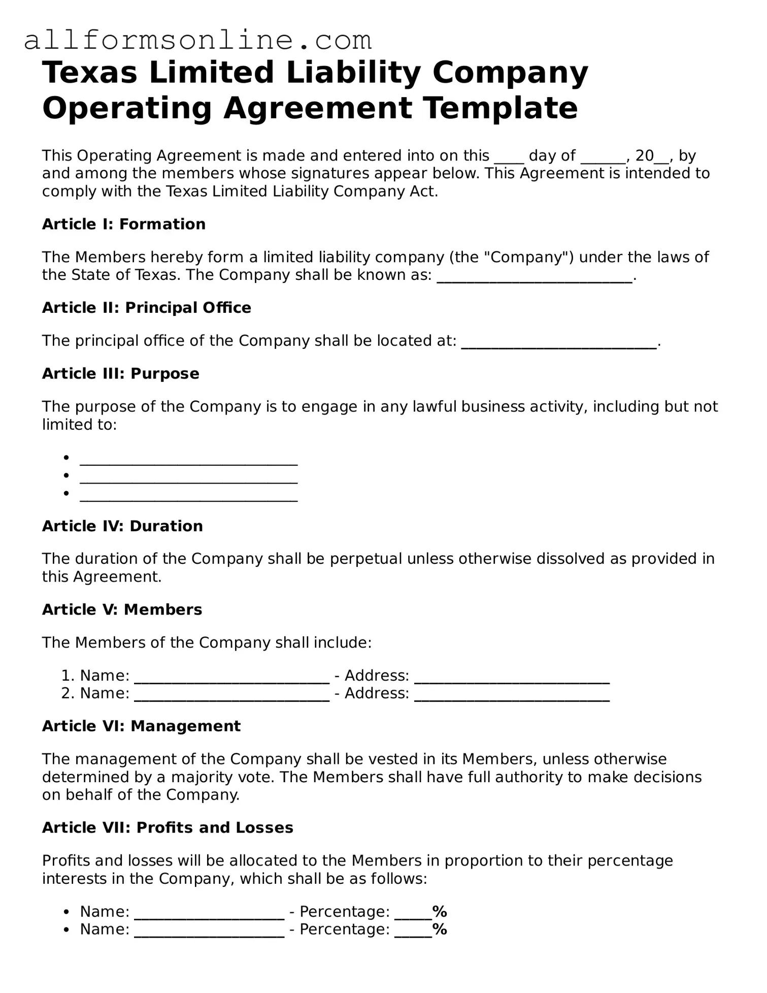 Attorney-Approved  Operating Agreement Form for Texas