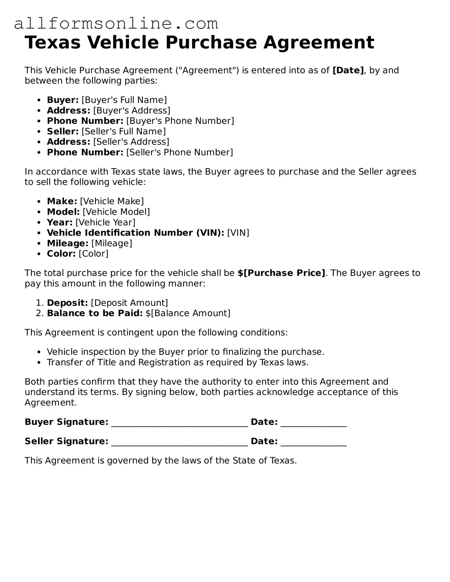 Attorney-Approved  Vehicle Purchase Agreement Form for Texas