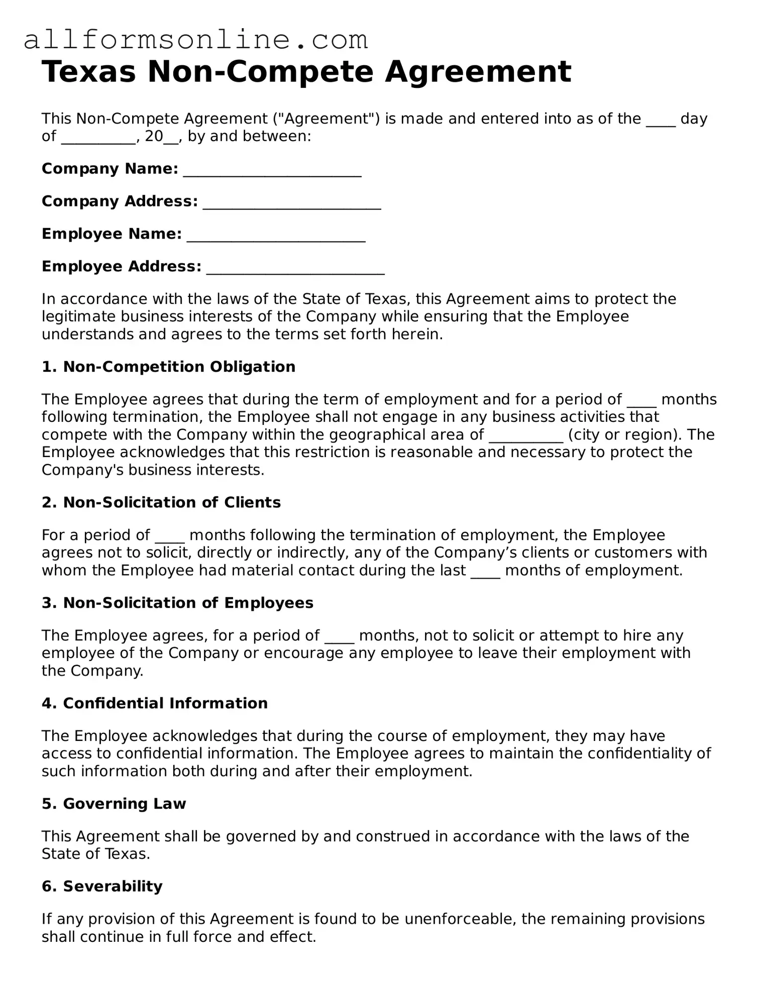 Attorney-Approved  Non-compete Agreement Form for Texas