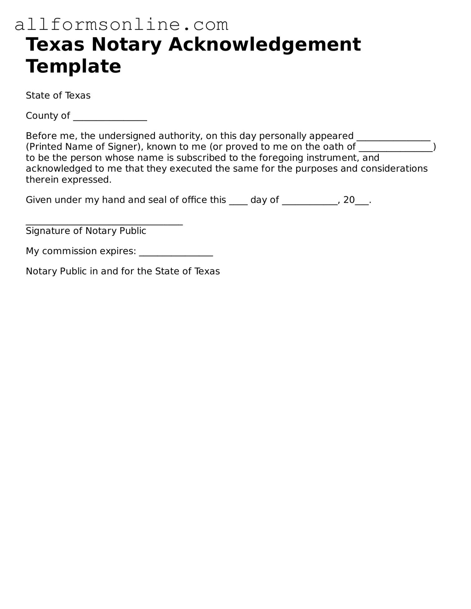 Attorney-Approved  Notary Acknowledgement Form for Texas