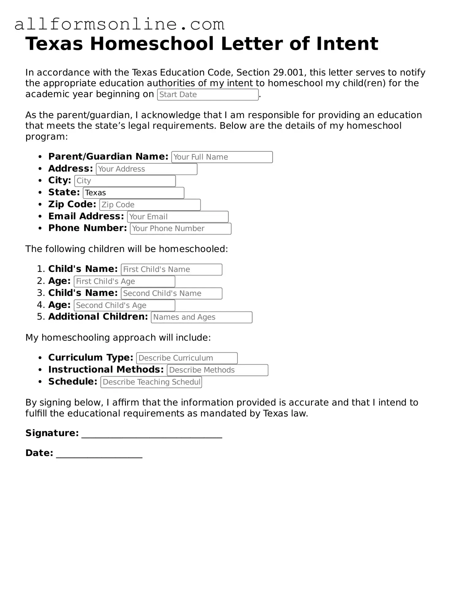 Attorney-Approved  Homeschool Letter of Intent Form for Texas