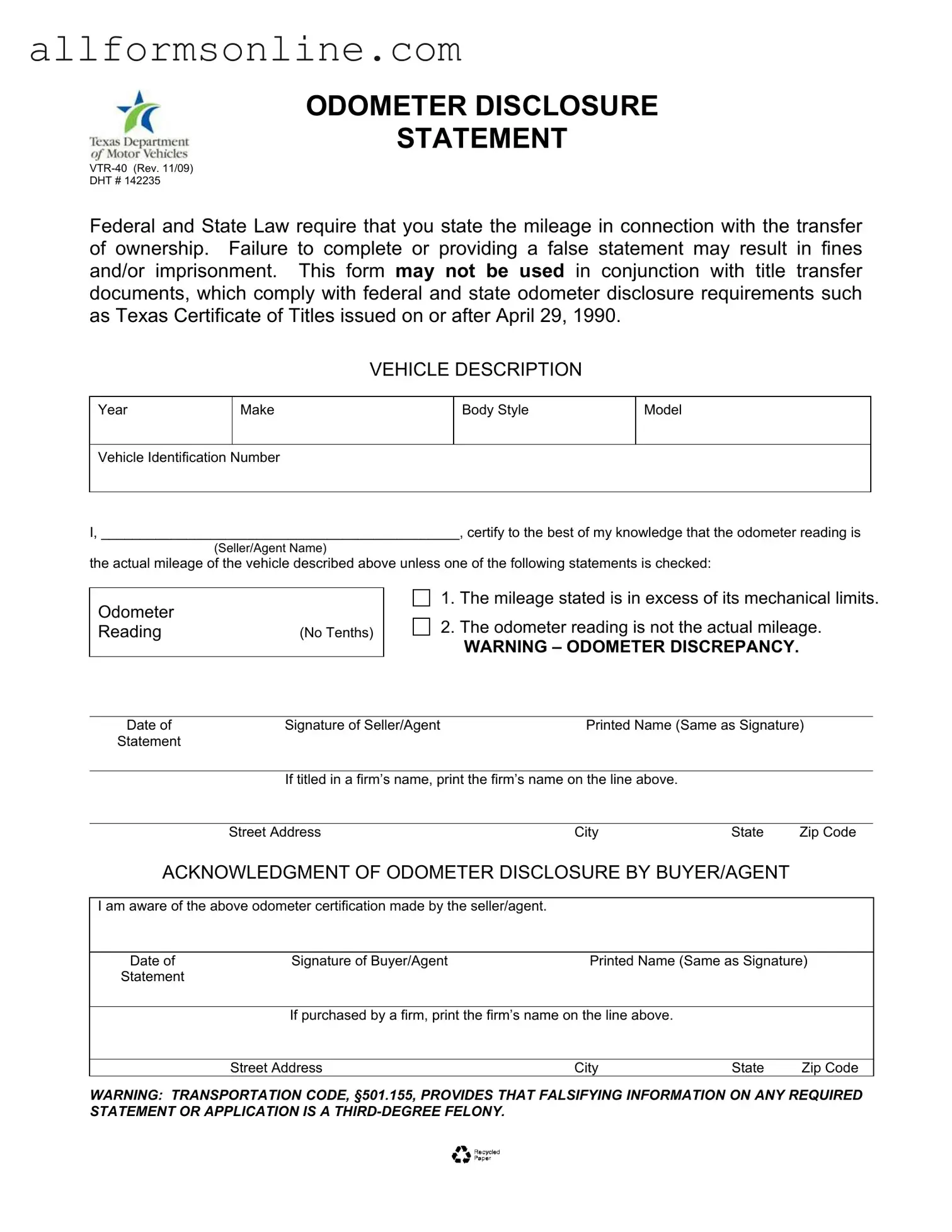 Free Texas Odometer Statement PDF Form
