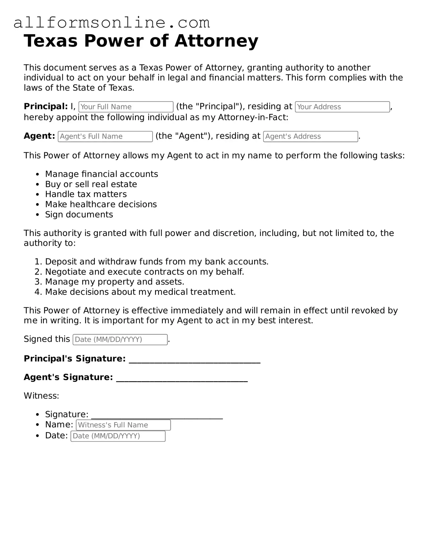 Attorney-Approved  Power of Attorney Form for Texas